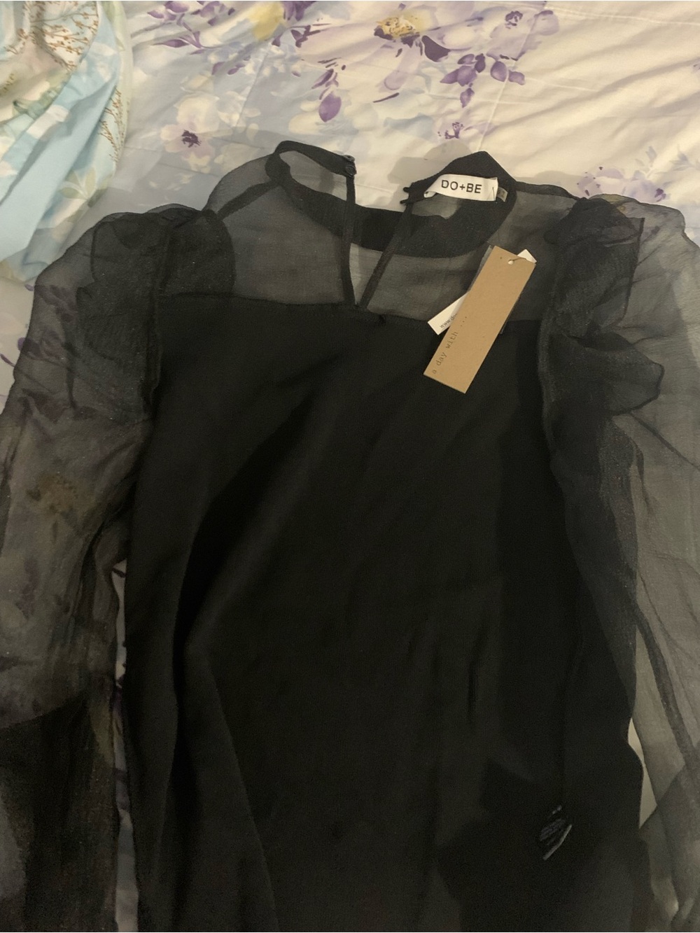 DO+BE Black Sheer Puff-Sleeve Long Sleeve top